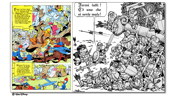 Figura 16. A sinistra, quasi un anticipo di Mattaglia nel Dottor Paperus, a destra una Mattaglia di Bottaro - © Disney Figura 16. A sinistra, quasi un anticipo di mattaglia nel Dottor Paperus, a destra una Mattaglia di Bottaro - copyright disney