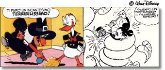 Figura 18. La Nocciola di Barks, da “Trick or Treat”, a sinistra; a destra una vignetta da “Topolino contro Robin Hood” (1936) di Floyd Gottfredson - copyright disney