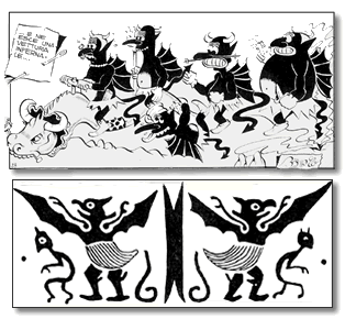 i diavoli di Bottaro (sopra) simili ai pipistrelli dei bronzi cinesi del V-III secolo a.C.
